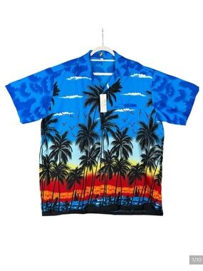 Red Star Hawaiian Shirt XXL Tropical Palm Tree Sunset Silk Feel Button Up